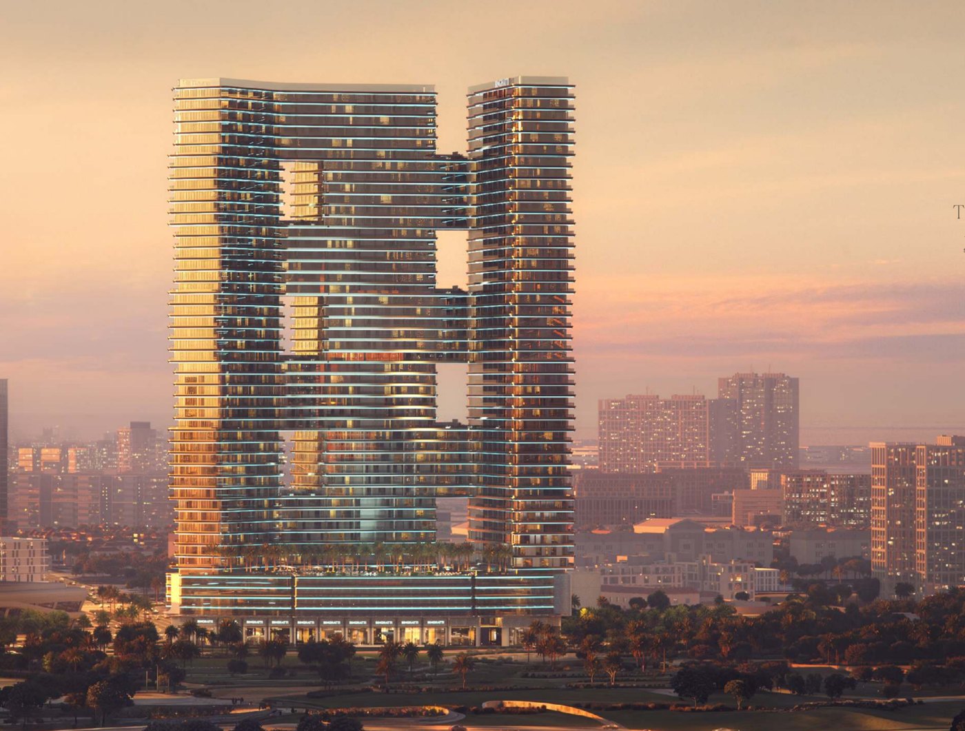 Binghatti SkyTerraces in Motor City bei Sonnenuntergang (Visualisierung Binghatti)